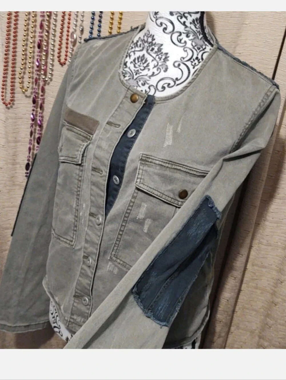 Free People Distressed Denim Elbow Patch Jacket Medium Army Green